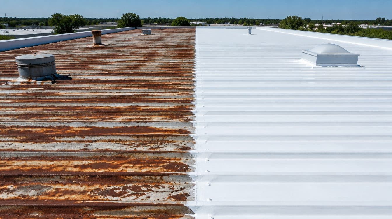Same roof, before and after an elastomeric coating