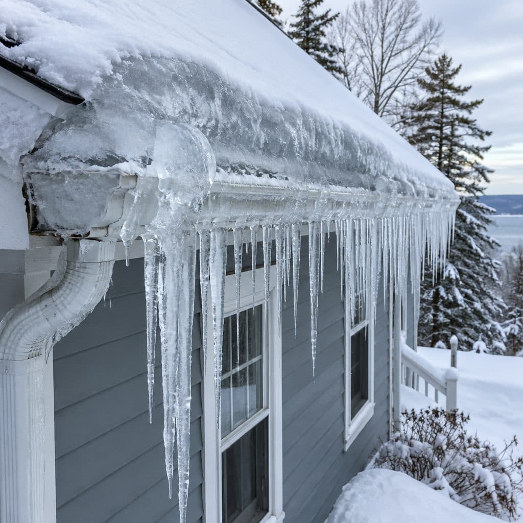 Ice dam along a Maine roof edge